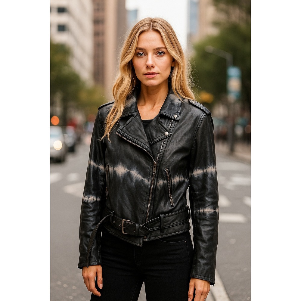 Anna Cai‎ NY Moto Jacket Womens XL Faux Leather Black Tie Dye Belted Grunge